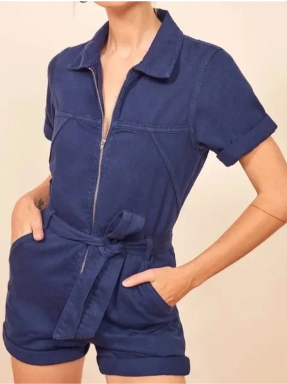 Reformation Short Sleeve Front Zipper Denim Romper in Vintage Blue Size 2